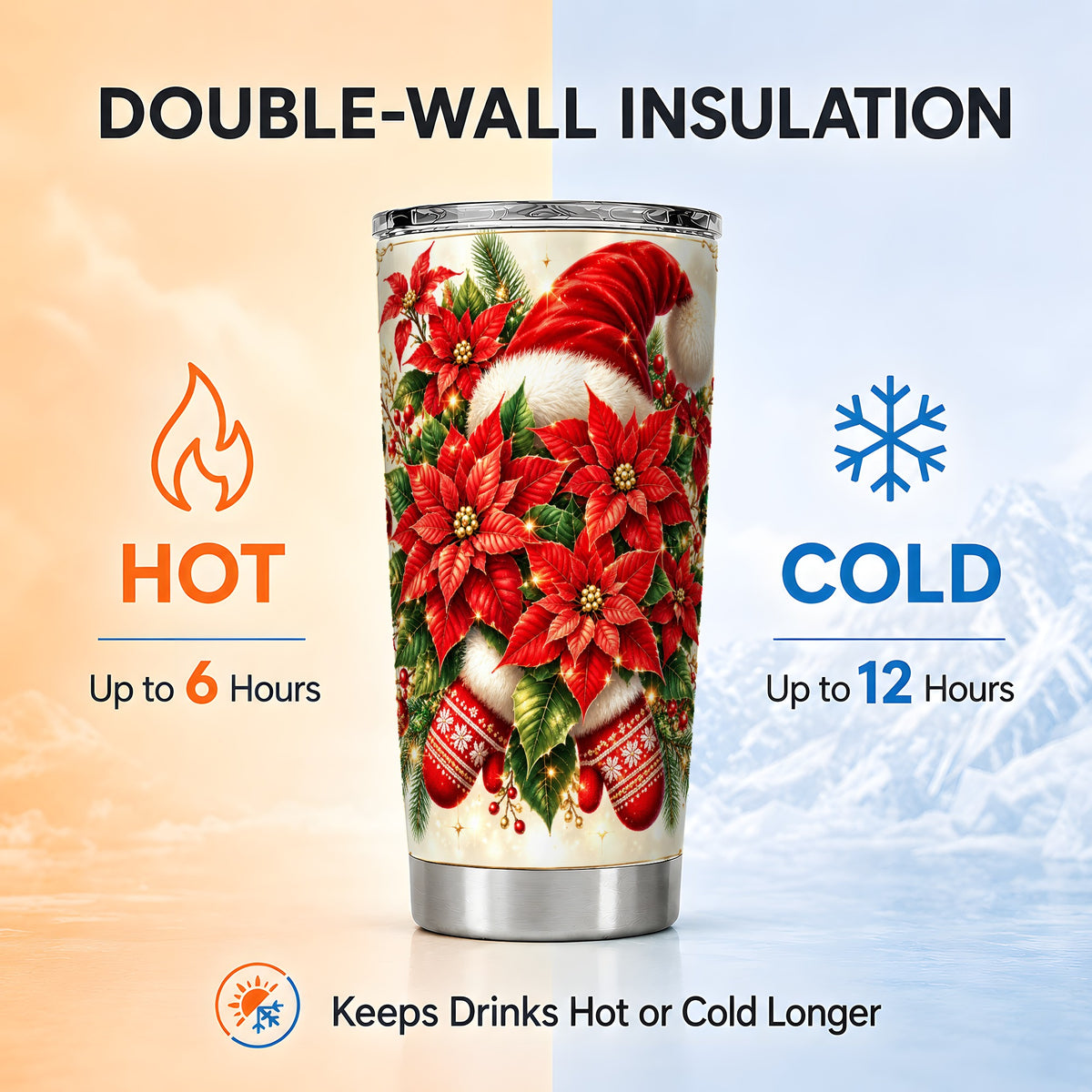 Christmas Poinsettia Tumbler 20oz, Santa Hat Stainless Steel Travel Cup