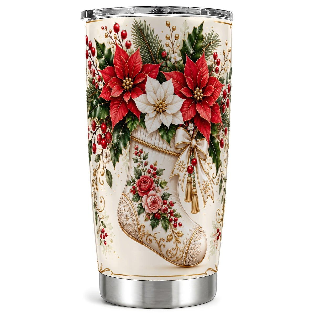 Christmas Stocking Tumbler 20oz, Vintage Floral Stainless Steel Travel Cup