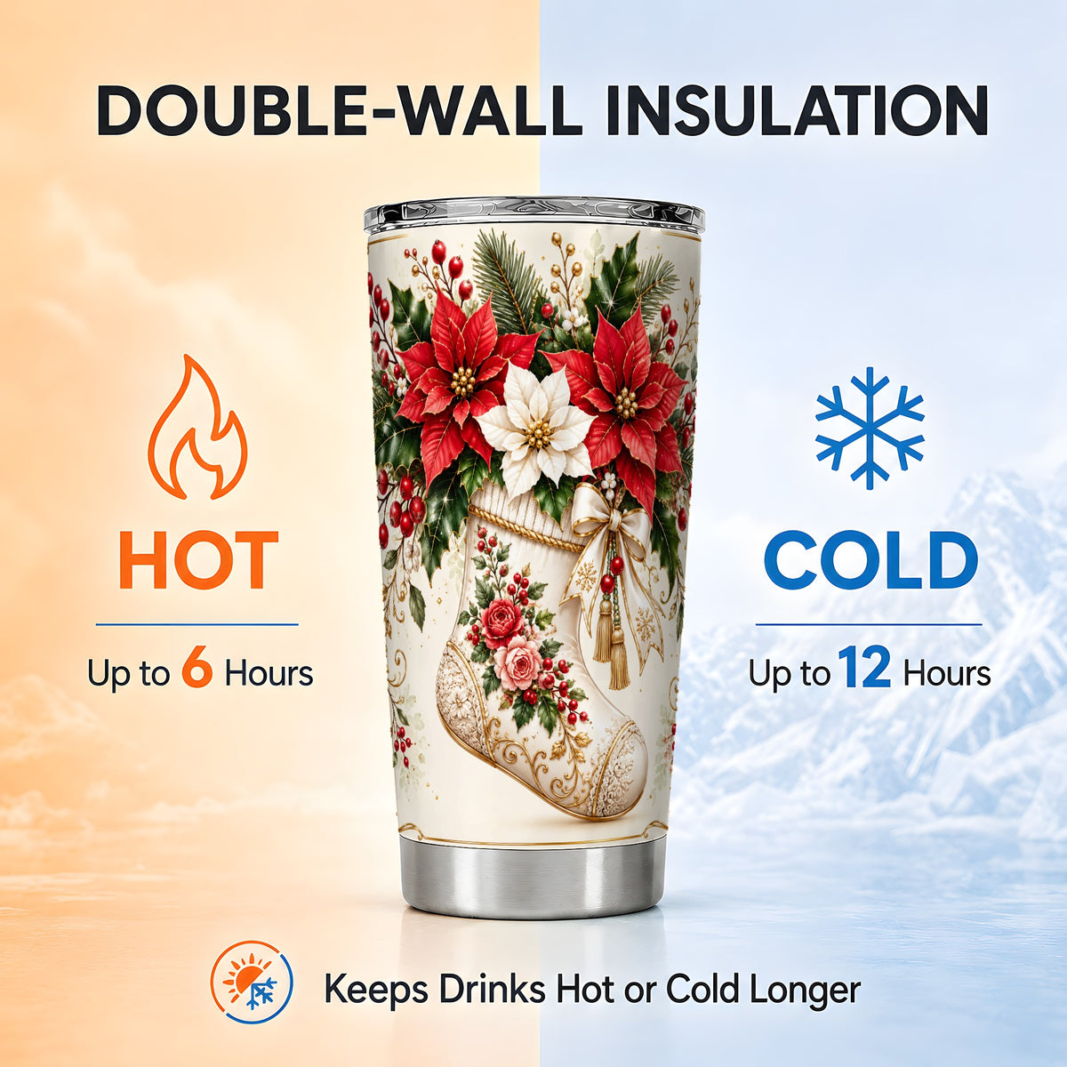 Christmas Stocking Tumbler 20oz, Vintage Floral Stainless Steel Travel Cup