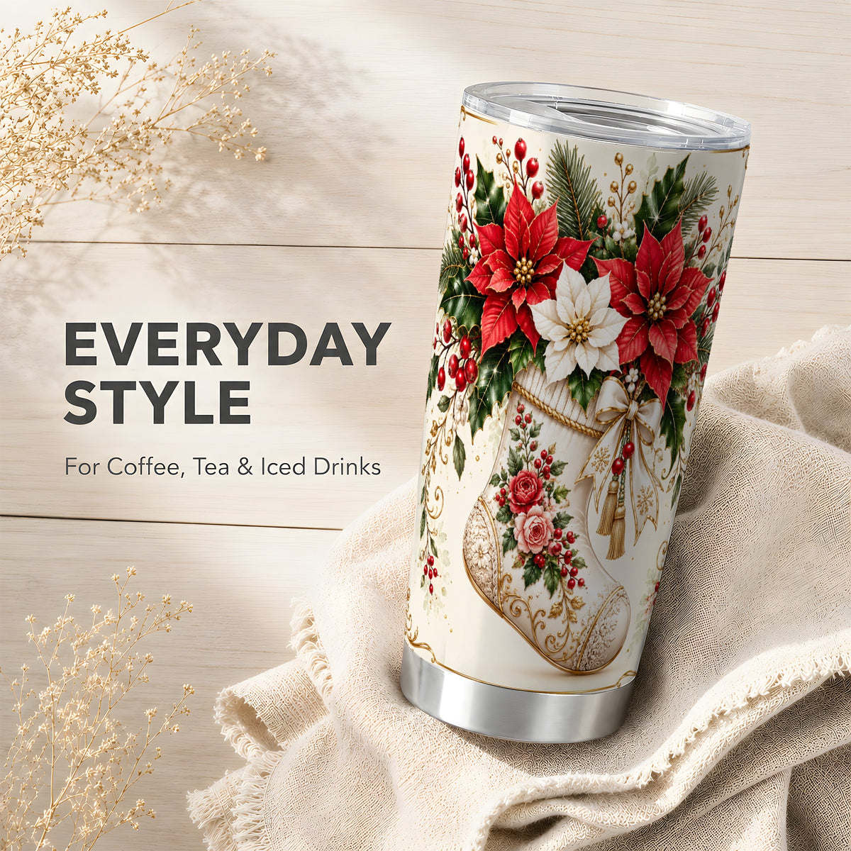Christmas Stocking Tumbler 20oz, Vintage Floral Stainless Steel Travel Cup