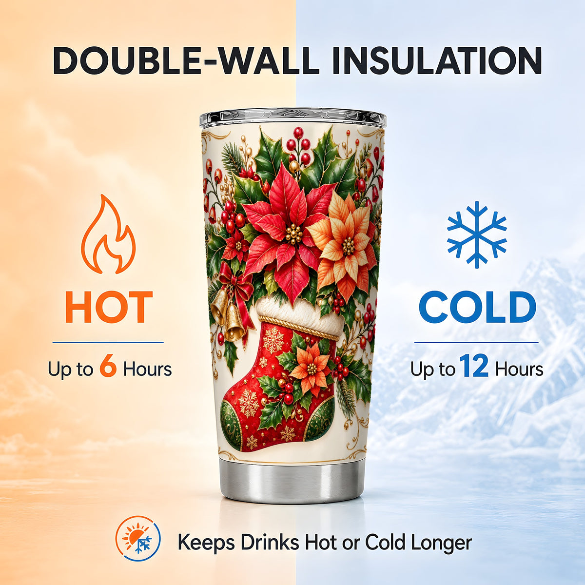 Christmas Stocking Tumbler 20oz, Golden Bells Stainless Steel Travel Cup