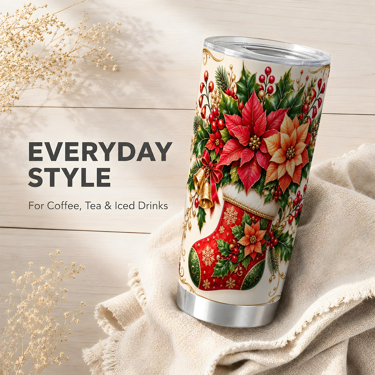 Christmas Stocking Tumbler 20oz, Golden Bells Stainless Steel Travel Cup