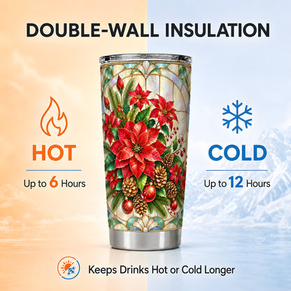 Christmas Poinsettia Tumbler 20oz, Stained Glass Stainless Steel Travel Cup