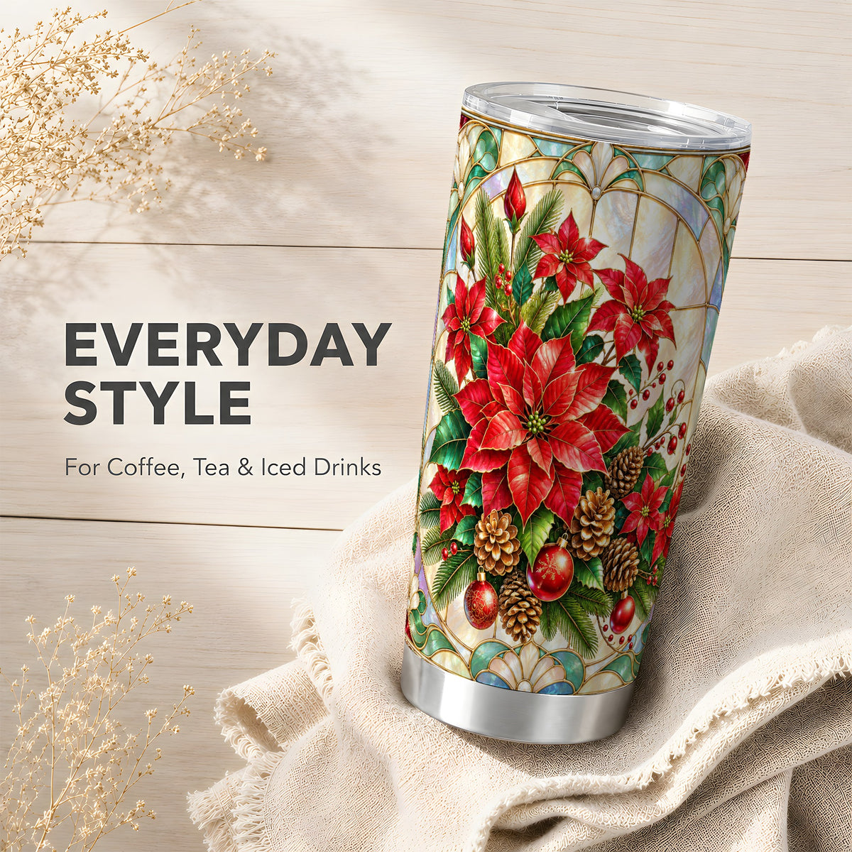 Christmas Poinsettia Tumbler 20oz, Stained Glass Stainless Steel Travel Cup