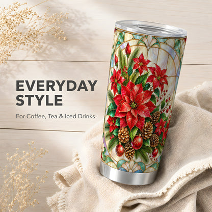 Christmas Poinsettia Tumbler 20oz, Stained Glass Stainless Steel Travel Cup