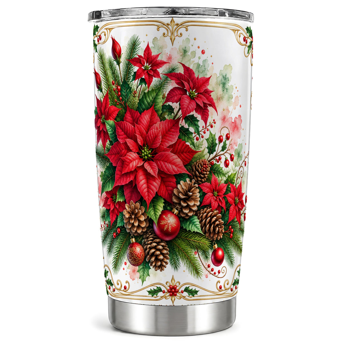 Christmas Poinsettia Tumbler 20oz, Botanical Stainless Steel Travel Cup
