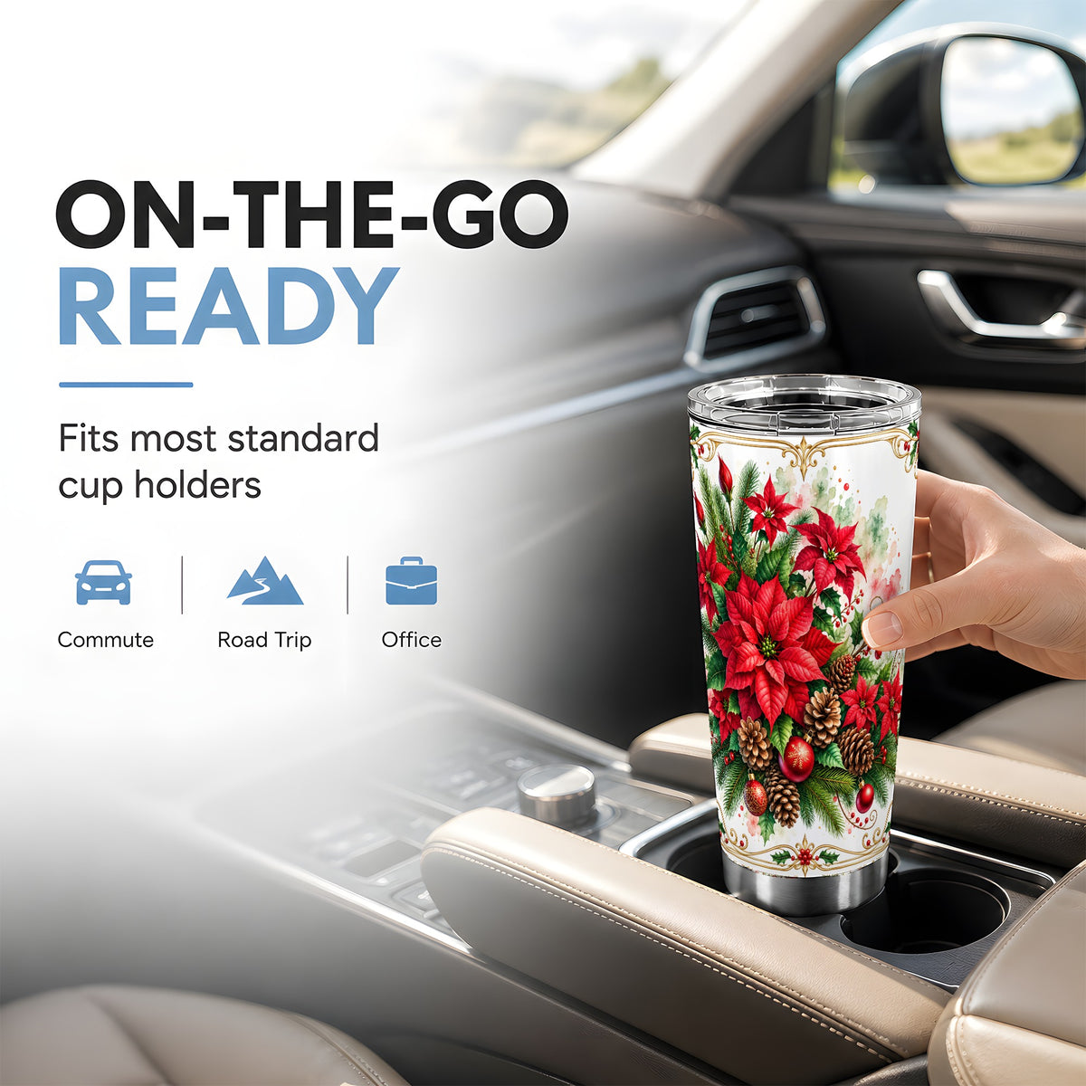 Christmas Poinsettia Tumbler 20oz, Botanical Stainless Steel Travel Cup