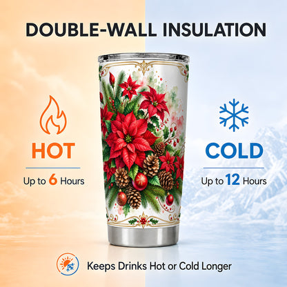 Christmas Poinsettia Tumbler 20oz, Botanical Stainless Steel Travel Cup