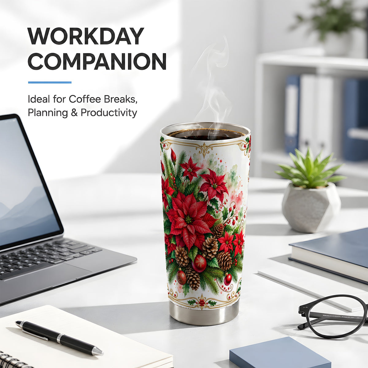 Christmas Poinsettia Tumbler 20oz, Botanical Stainless Steel Travel Cup