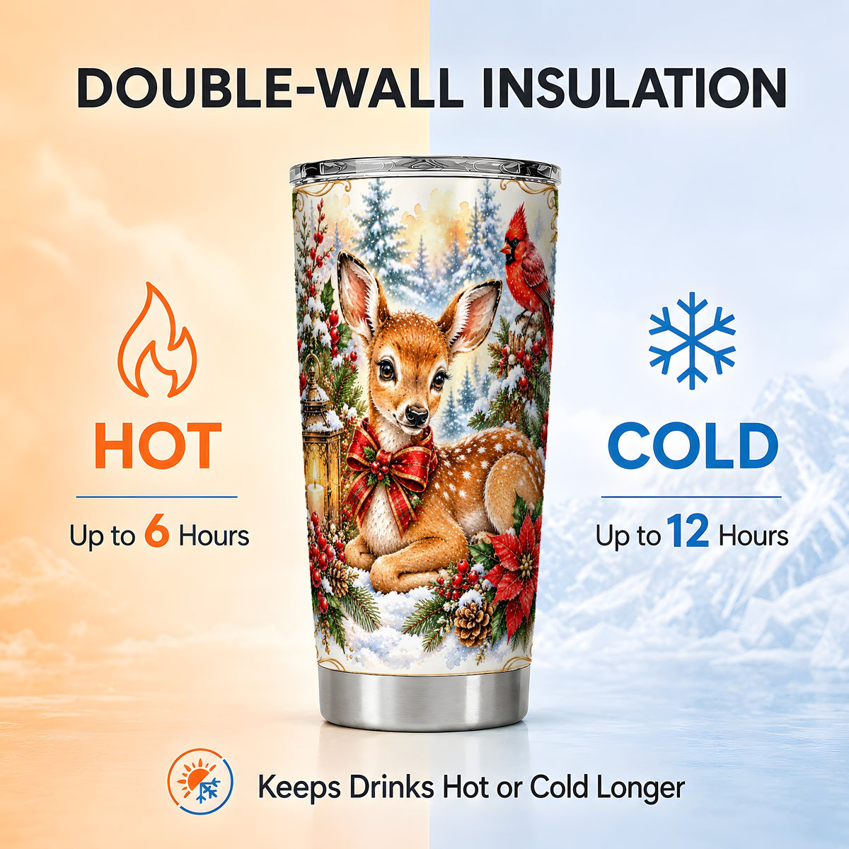 Christmas Fawn Tumbler 20oz, Deer Stainless Steel Travel Cup