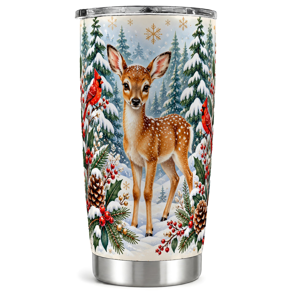 Winter Fawn Tumbler 20oz, Cardinal Stainless Steel Travel Cup