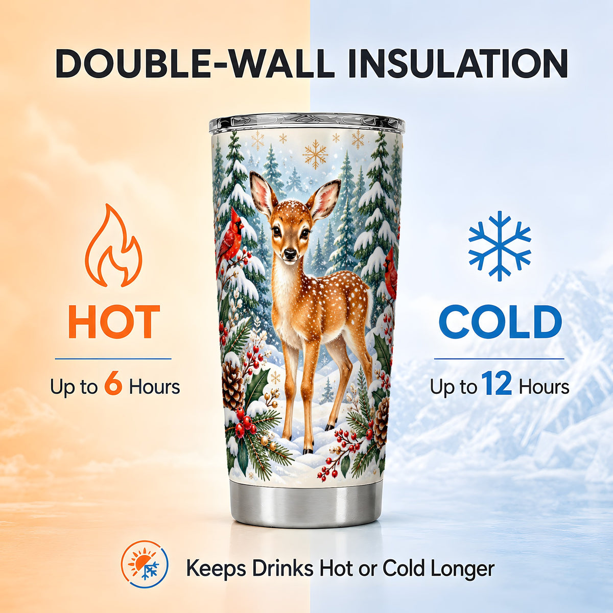 Winter Fawn Tumbler 20oz, Cardinal Stainless Steel Travel Cup