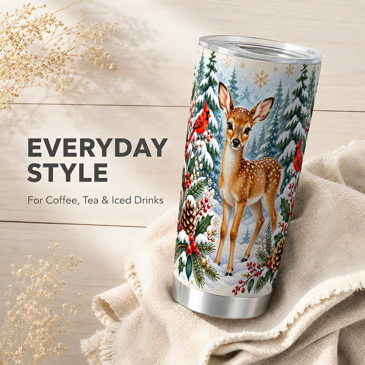 Winter Fawn Tumbler 20oz, Cardinal Stainless Steel Travel Cup