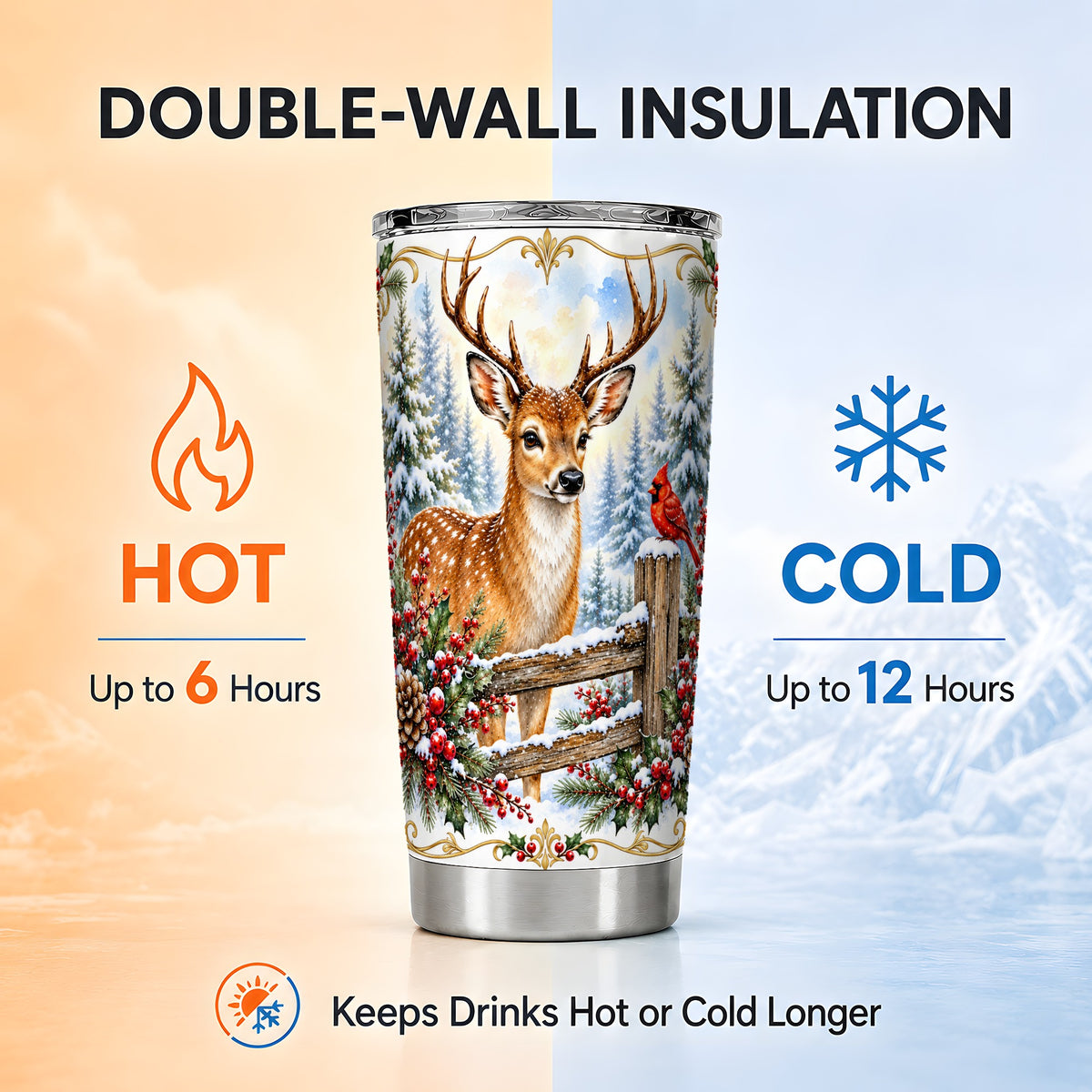 Christmas Buck Tumbler 20oz, Deer Stainless Steel Travel Cup