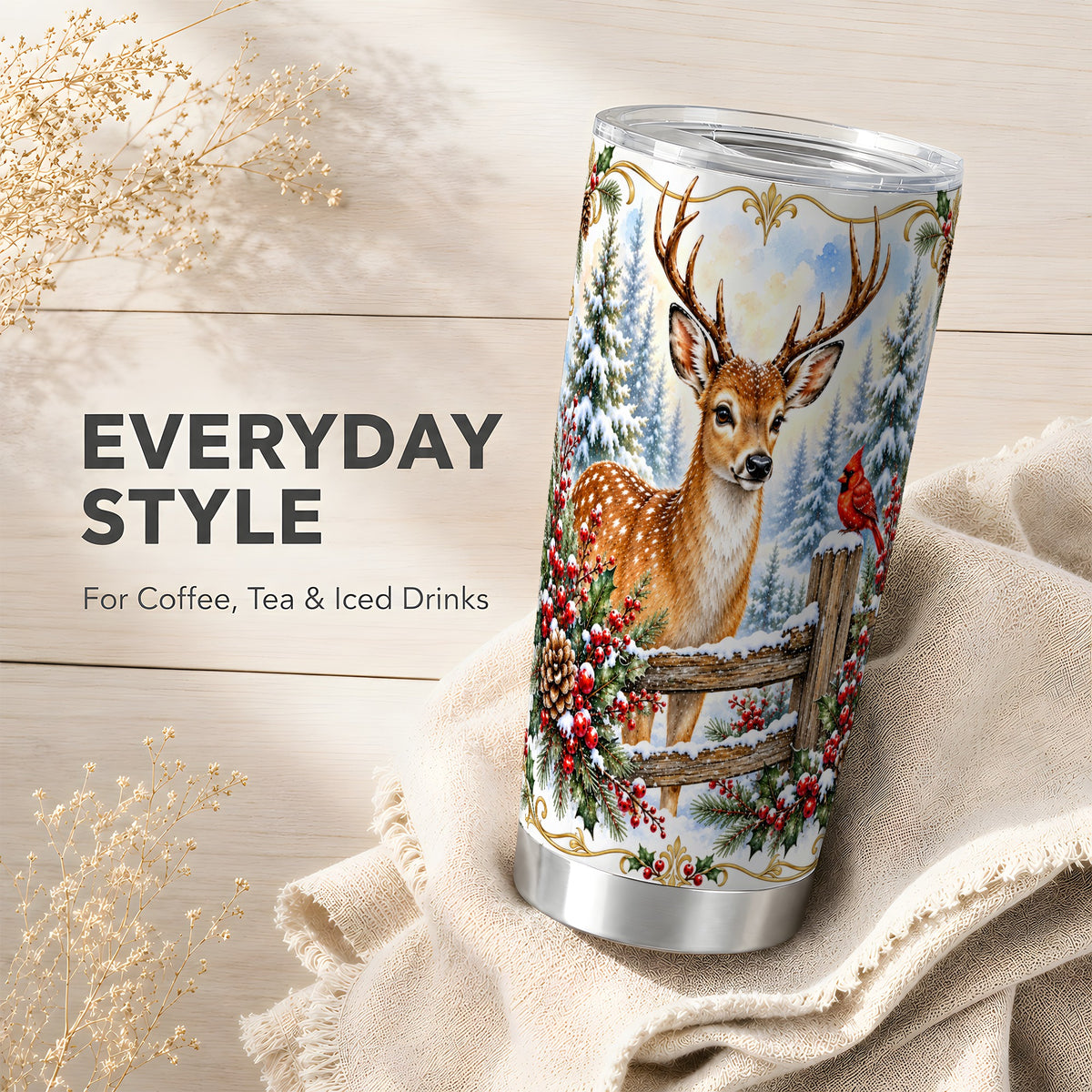 Christmas Buck Tumbler 20oz, Deer Stainless Steel Travel Cup
