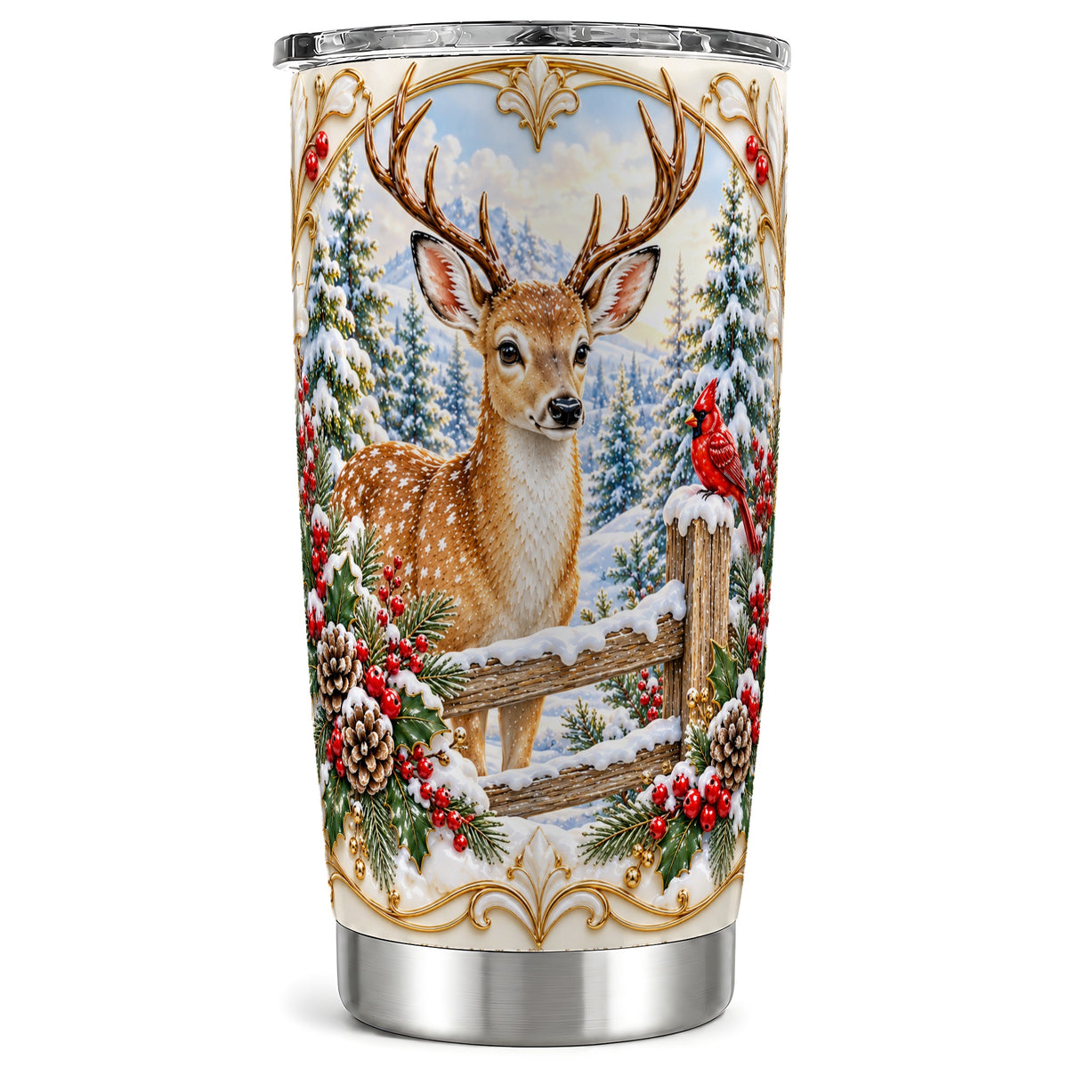 Christmas Deer Tumbler 20oz, Ornate Stainless Steel Travel Cup