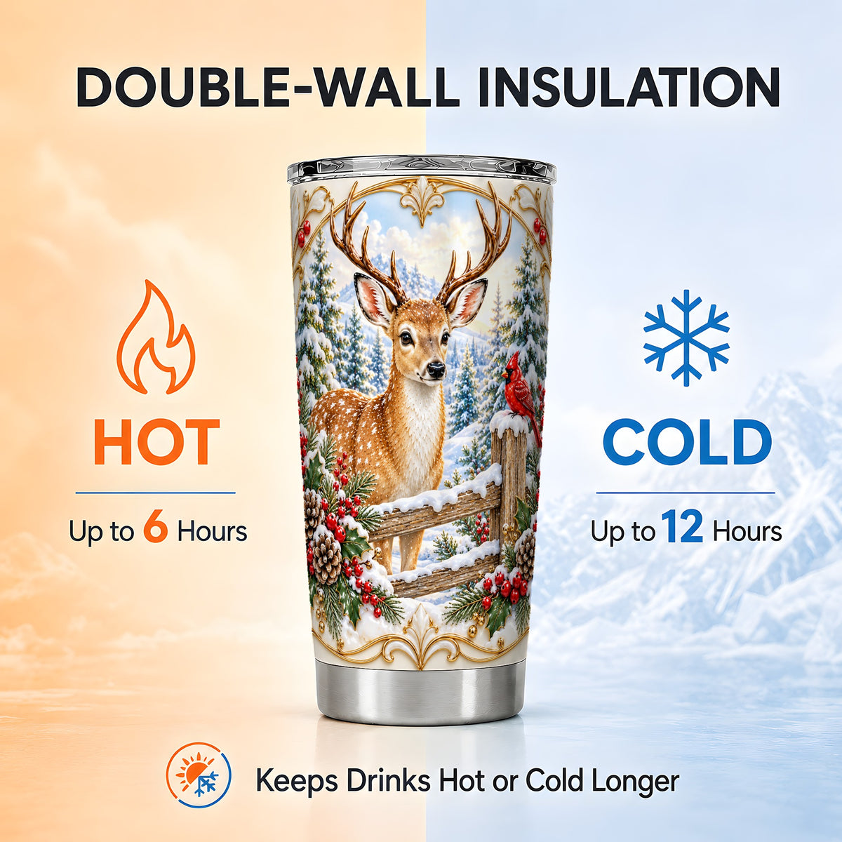 Christmas Deer Tumbler 20oz, Ornate Stainless Steel Travel Cup
