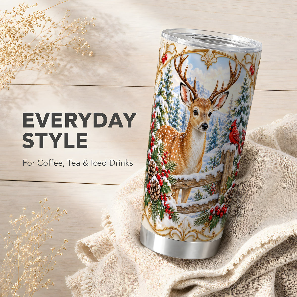 Christmas Deer Tumbler 20oz, Ornate Stainless Steel Travel Cup