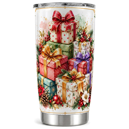Christmas Presents 20oz Tumbler, Purple Ribbon Stainless Steel Travel Cup