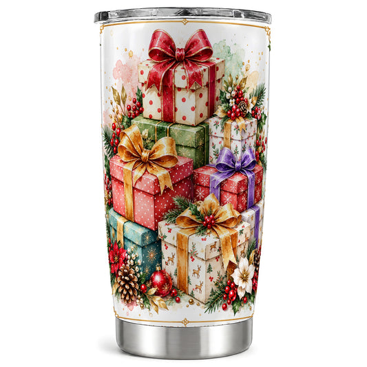 Christmas Presents 20oz Tumbler, Purple Ribbon Stainless Steel Travel Cup