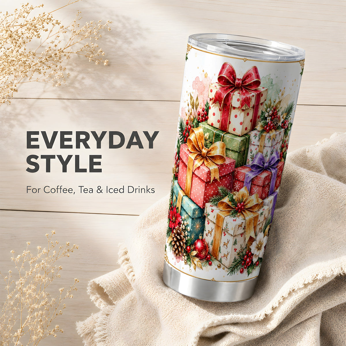 Christmas Presents 20oz Tumbler, Purple Ribbon Stainless Steel Travel Cup