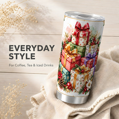 Christmas Presents 20oz Tumbler, Purple Ribbon Stainless Steel Travel Cup