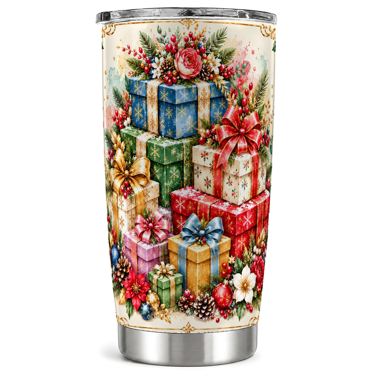 Christmas Presents 20oz Tumbler, Winter Rose Stainless Steel Travel Cup