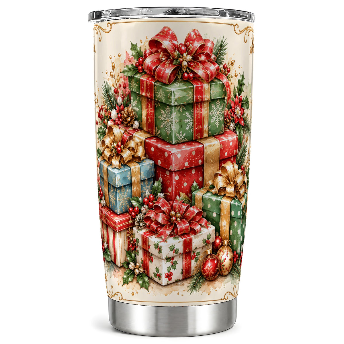 Vintage Christmas Presents 20oz Tumbler, Stainless Steel Travel Cup