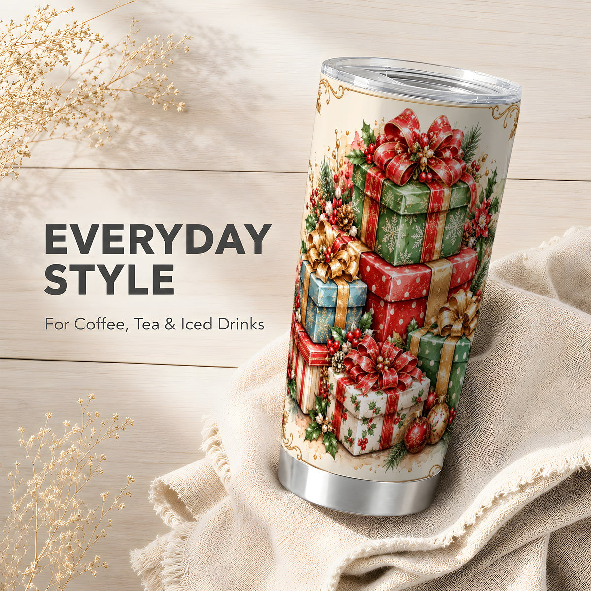 Vintage Christmas Presents 20oz Tumbler, Stainless Steel Travel Cup