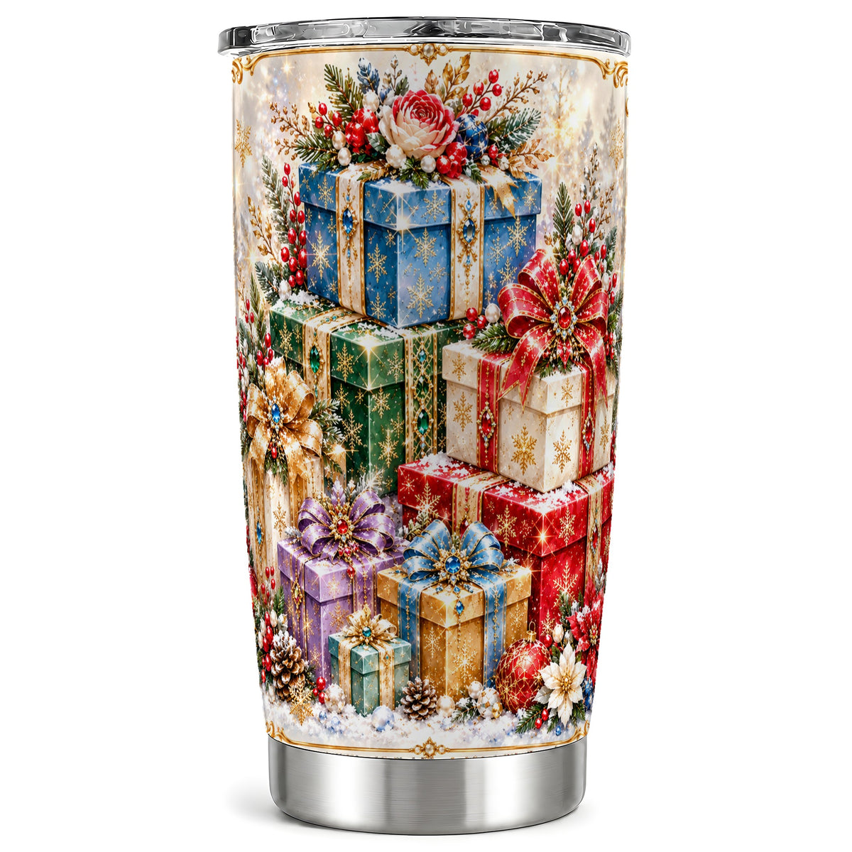 Sparkling Christmas 20oz Tumbler, Snowflake Stainless Steel Travel Cup