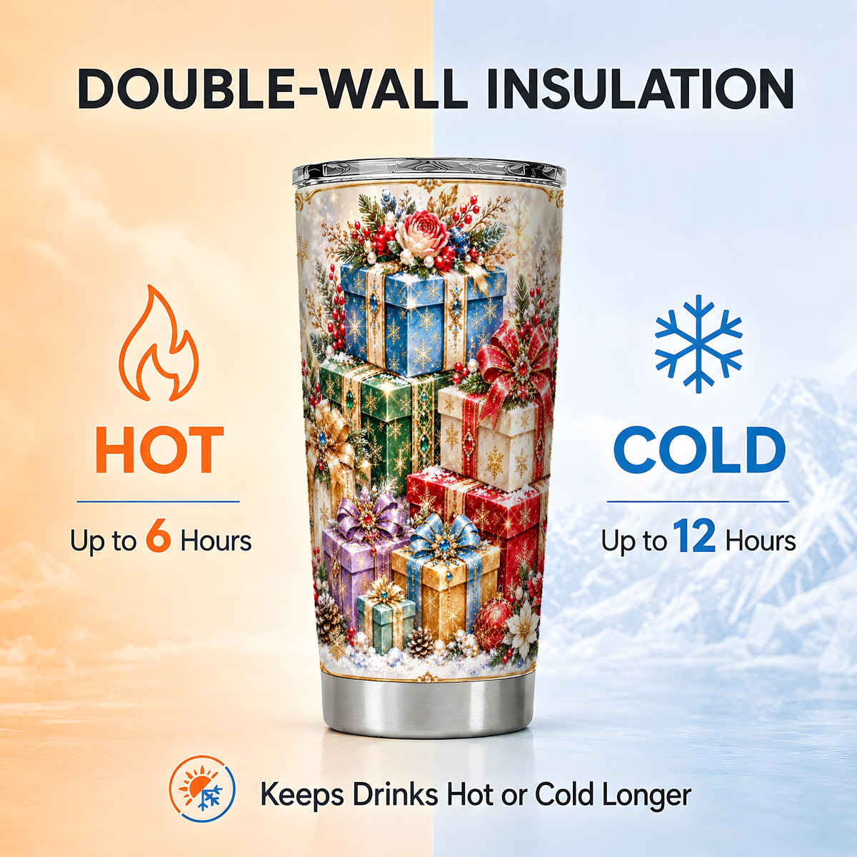 Sparkling Christmas 20oz Tumbler, Snowflake Stainless Steel Travel Cup