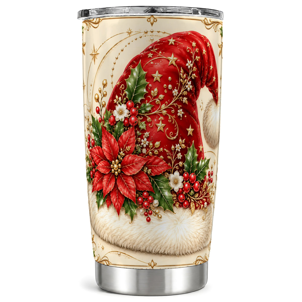 Santa Hat Floral 20oz Tumbler, Christmas Stainless Steel Travel Cup