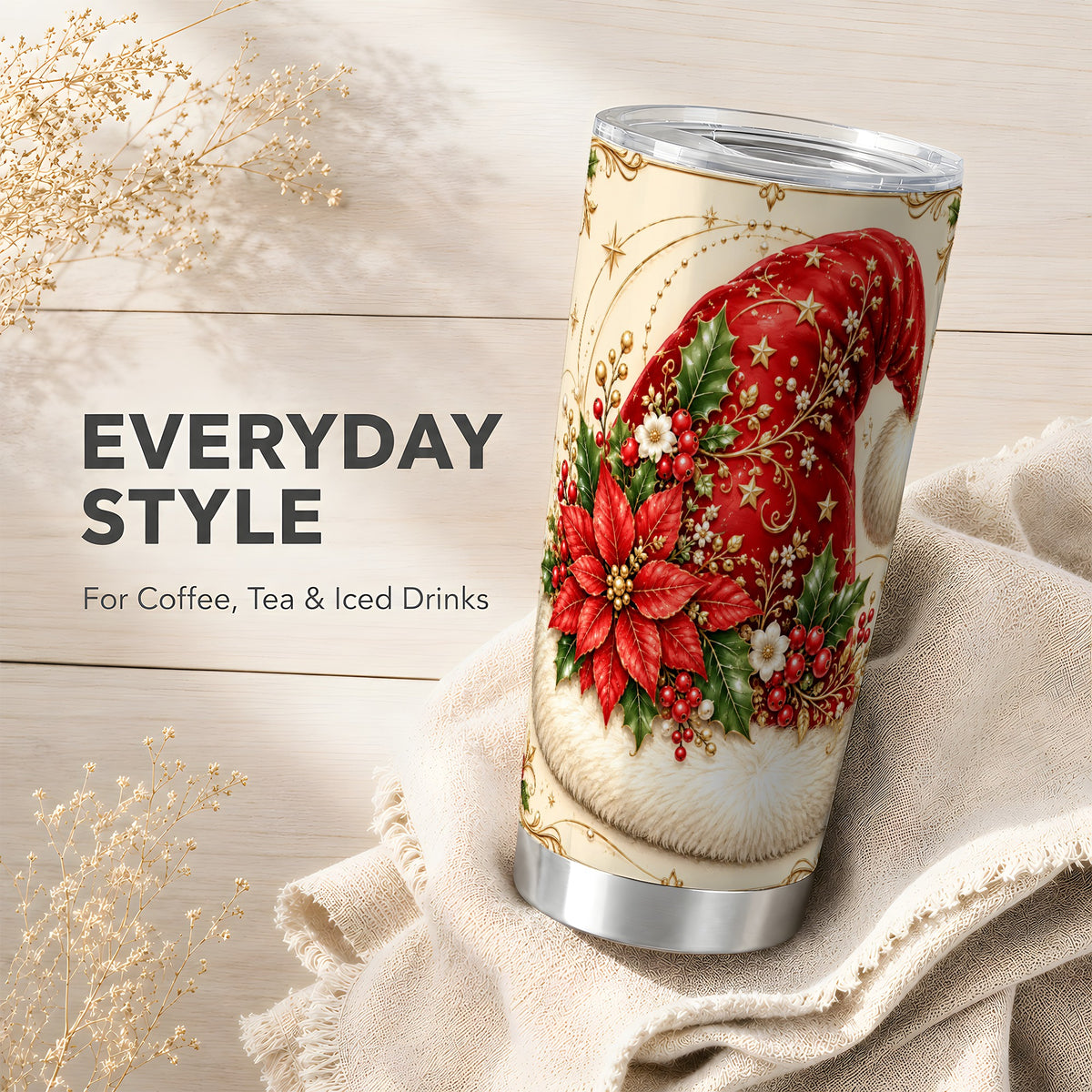 Santa Hat Floral 20oz Tumbler, Christmas Stainless Steel Travel Cup