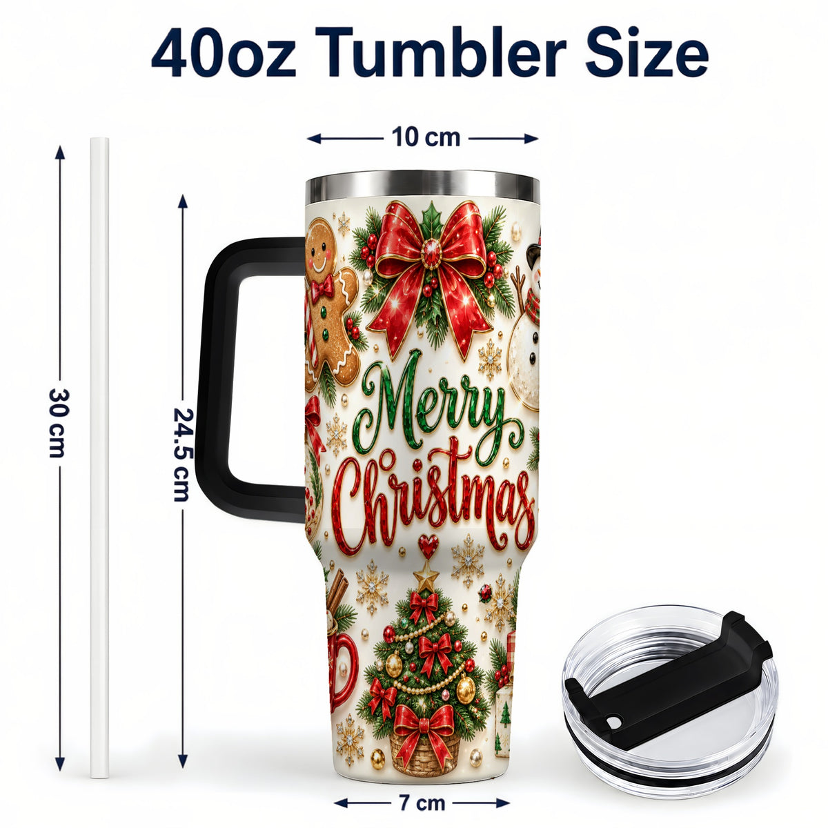 #pl[40oz|Black] Merry Christmas 40oz Tumbler with Handle, Festive Holiday Drinkware