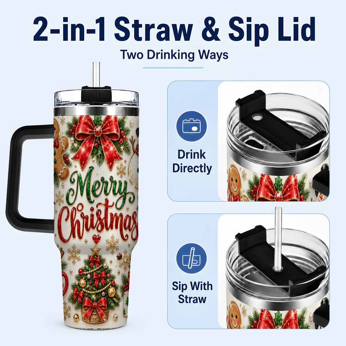 #pl[40oz|Black] Merry Christmas 40oz Tumbler with Handle, Festive Holiday Drinkware