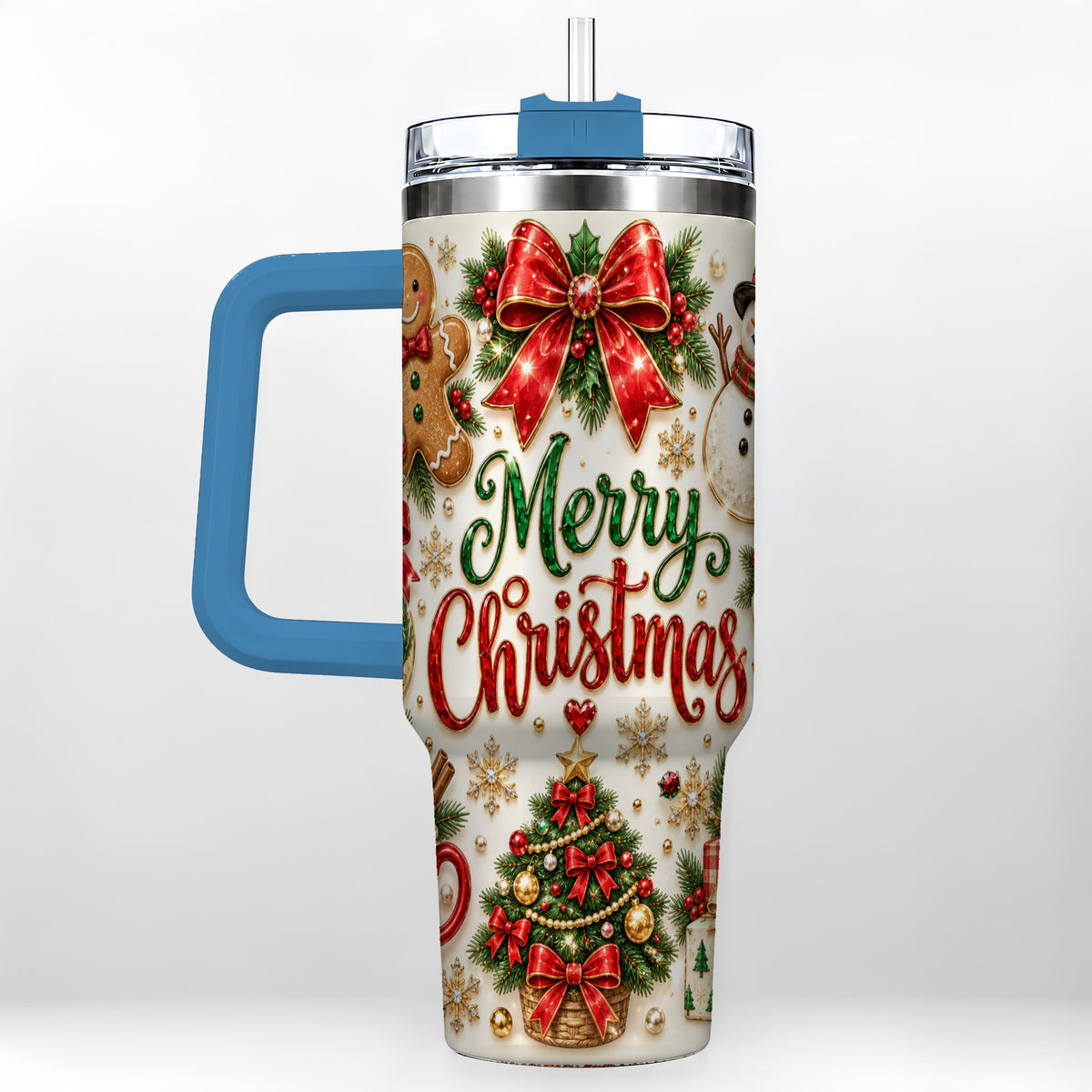 #pl[40oz|Blue] Merry Christmas 40oz Tumbler with Handle, Festive Holiday Drinkware