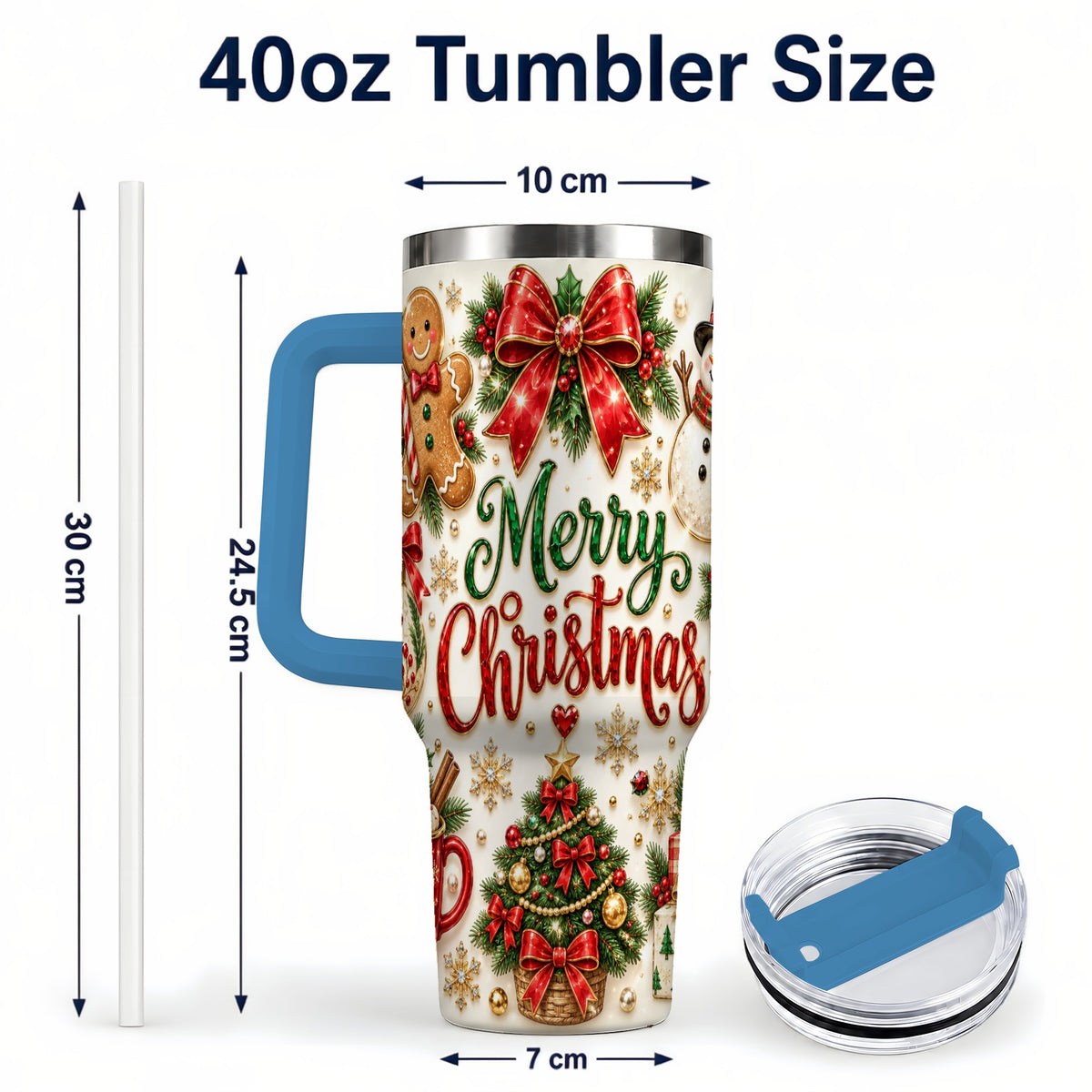 #pl[40oz|Blue] Merry Christmas 40oz Tumbler with Handle, Festive Holiday Drinkware
