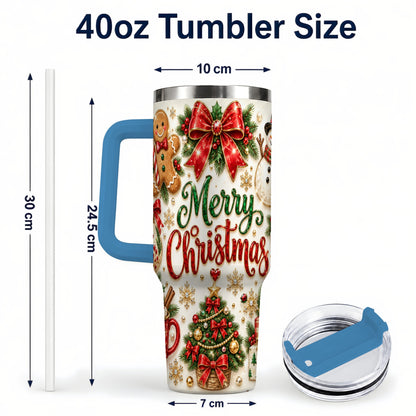 #pl[40oz|Blue] Merry Christmas 40oz Tumbler with Handle, Festive Holiday Drinkware
