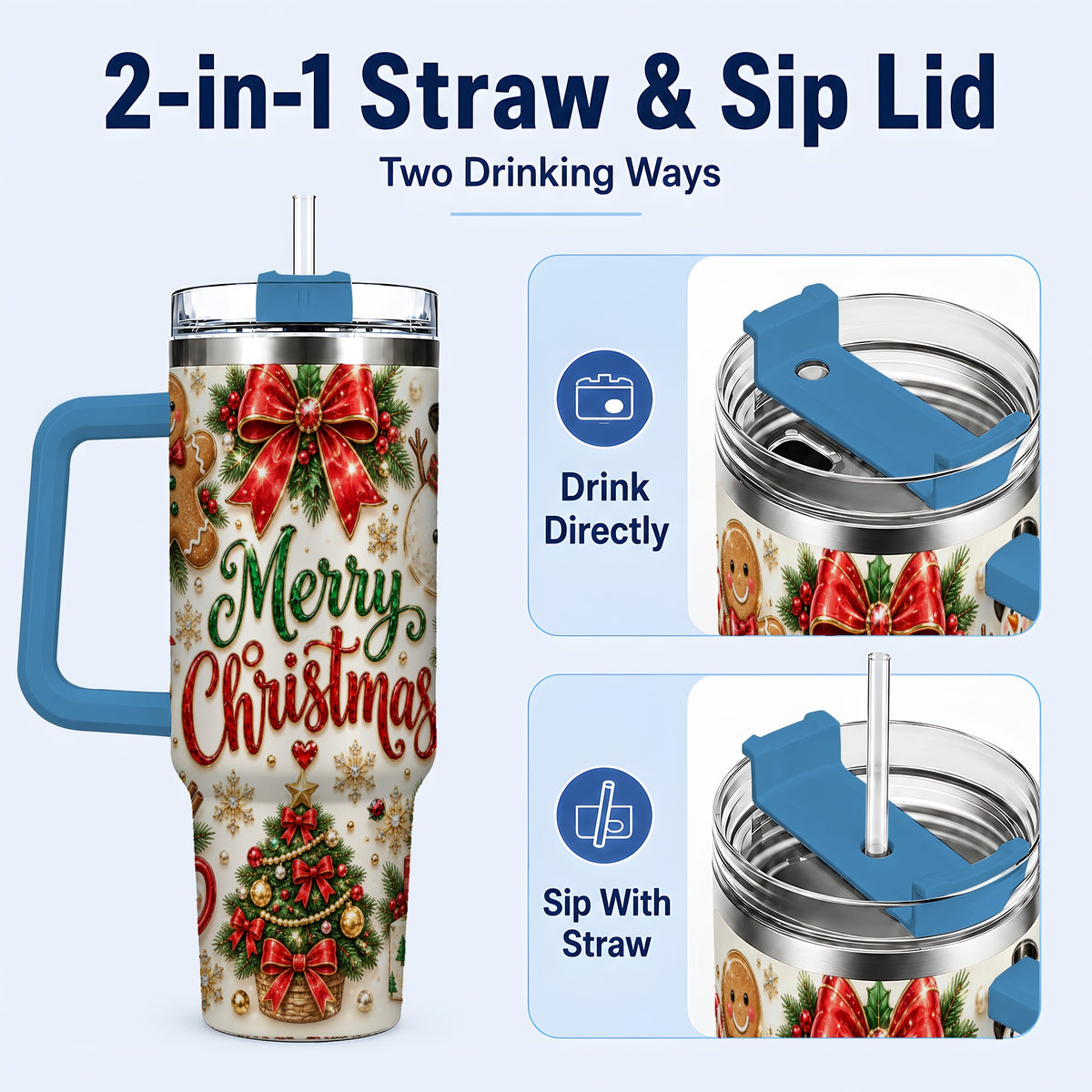 #pl[40oz|Blue] Merry Christmas 40oz Tumbler with Handle, Festive Holiday Drinkware