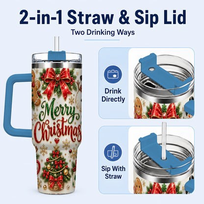 #pl[40oz|Blue] Merry Christmas 40oz Tumbler with Handle, Festive Holiday Drinkware