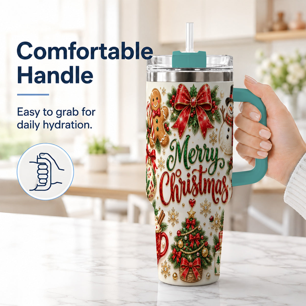 #pl[40oz|Green] Merry Christmas 40oz Tumbler with Handle, Festive Holiday Drinkware