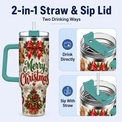 #pl[40oz|Green] Merry Christmas 40oz Tumbler with Handle, Festive Holiday Drinkware