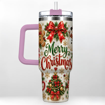 #pl[40oz|Pink] Merry Christmas 40oz Tumbler with Handle, Festive Holiday Drinkware