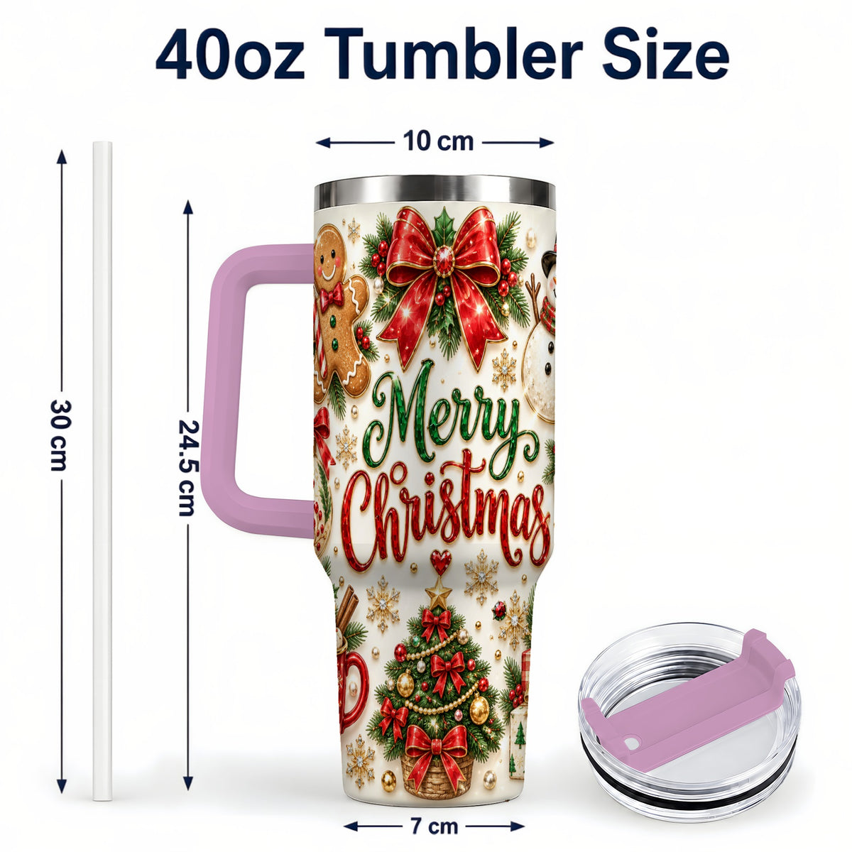#pl[40oz|Pink] Merry Christmas 40oz Tumbler with Handle, Festive Holiday Drinkware