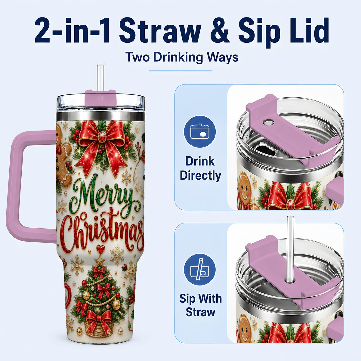 #pl[40oz|Pink] Merry Christmas 40oz Tumbler with Handle, Festive Holiday Drinkware