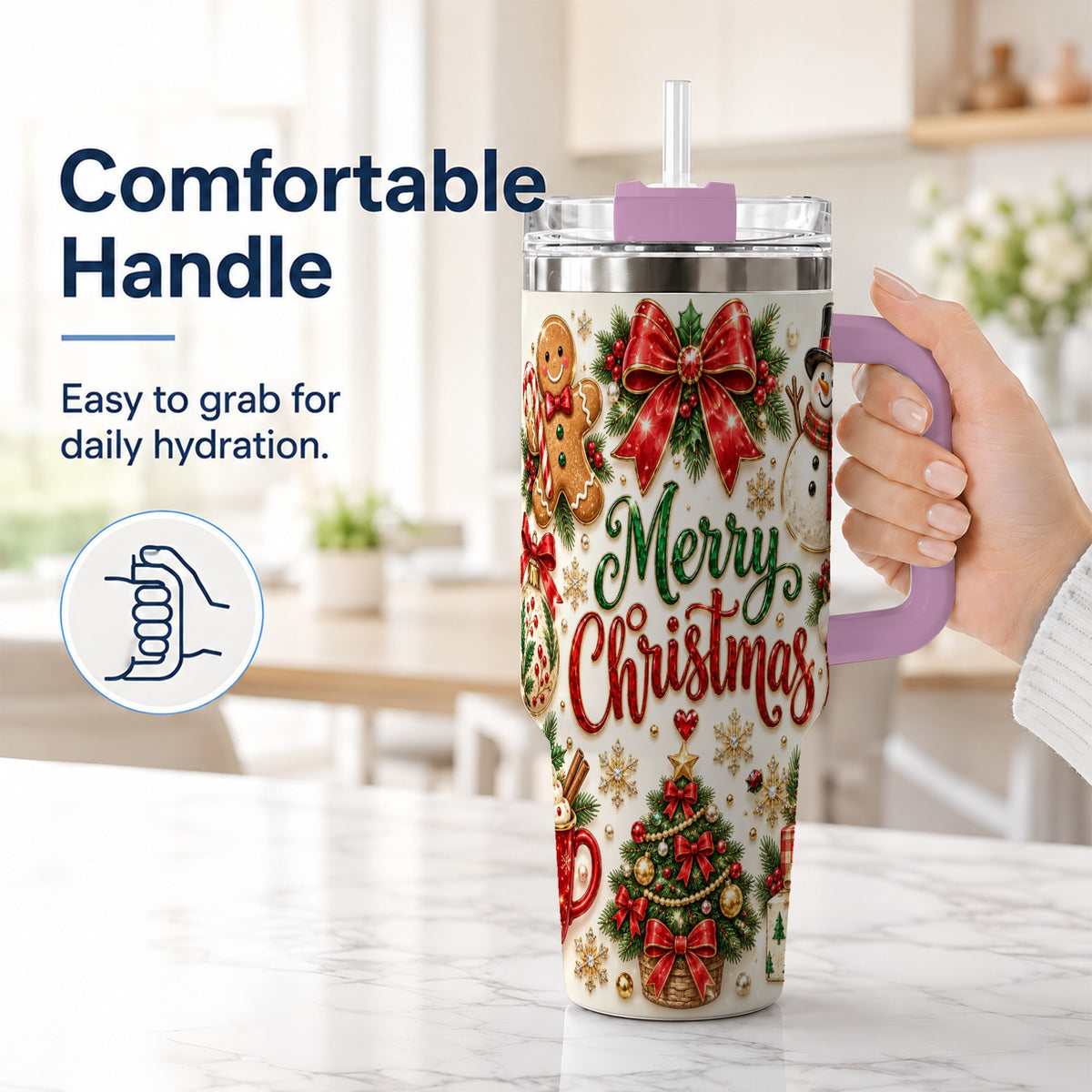 #pl[40oz|Pink] Merry Christmas 40oz Tumbler with Handle, Festive Holiday Drinkware