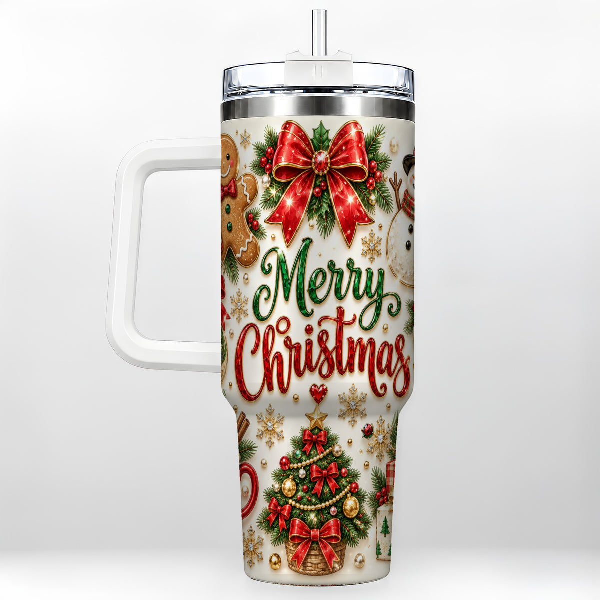 Merry Christmas 40oz Tumbler with Handle, Festive Holiday Drinkware