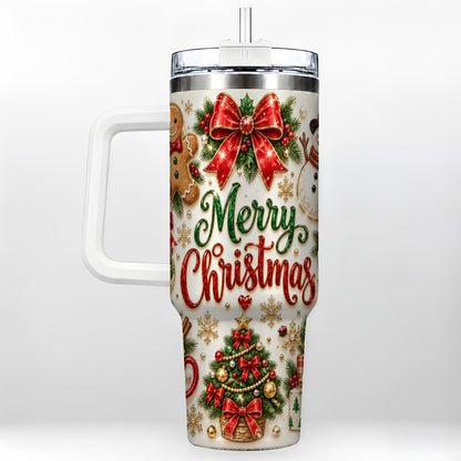 Merry Christmas 40oz Tumbler with Handle, Festive Holiday Drinkware