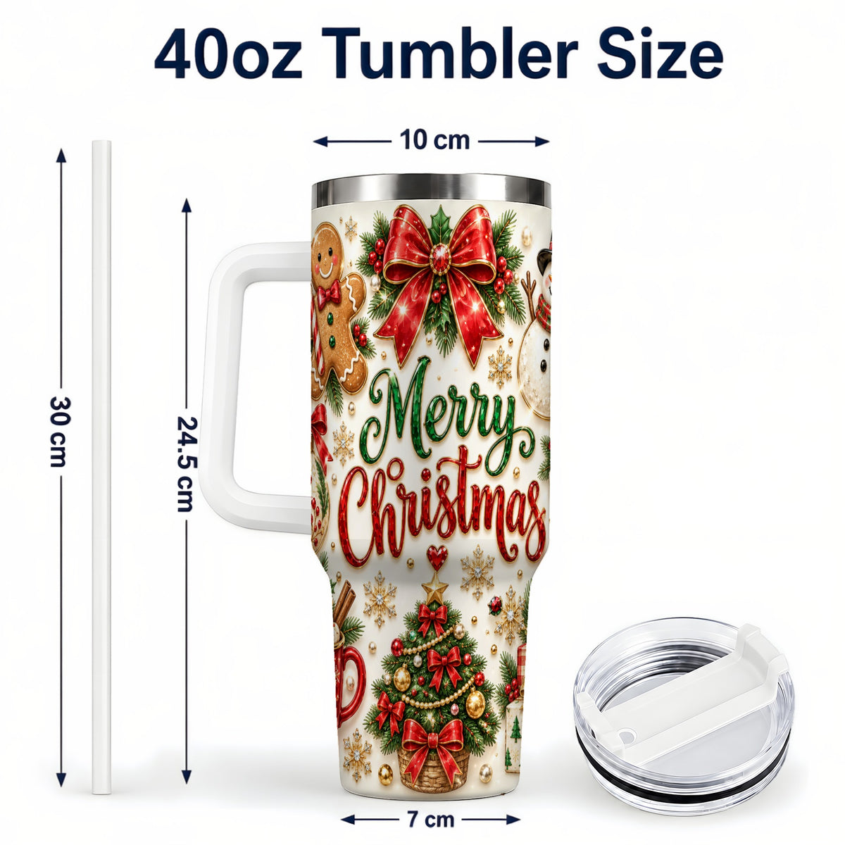 #pl[40oz|White] Merry Christmas 40oz Tumbler with Handle, Festive Holiday Drinkware