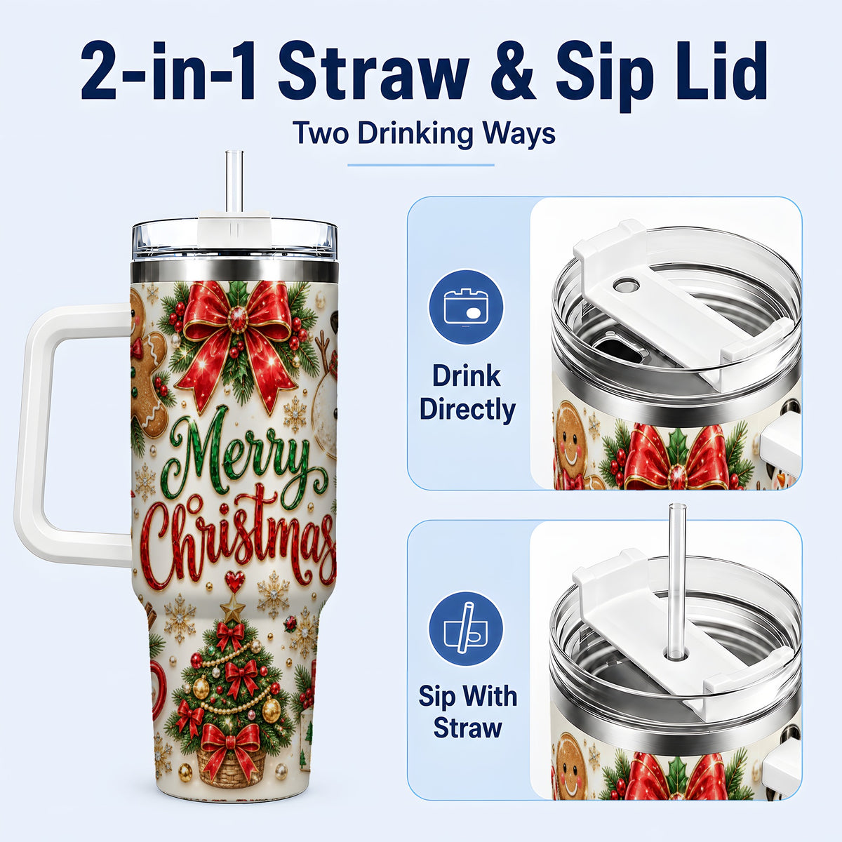 #pl[40oz|White] Merry Christmas 40oz Tumbler with Handle, Festive Holiday Drinkware
